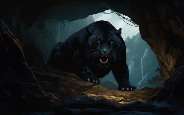 A fierce black panther emerges from a cave, showcasing its powerful presence in this striking HD wallpaper. The dramatic lighting highlights the animal's stance in a mystical setting.