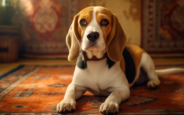 HD desktop wallpaper of a beagle dog lying on an ornate rug with a warm, inviting background.