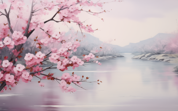 HD wallpaper featuring pink cherry blossoms over a serene river landscape.