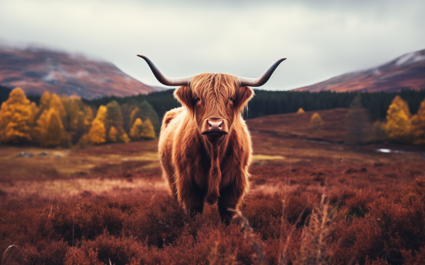 HD wallpaper of a majestic Highland cattle standing in a scenic autumn landscape with colorful foliage in the background.