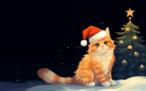 Adorable orange cat with a Santa hat sitting beside a Christmas tree, perfect for festive HD desktop wallpaper and background.