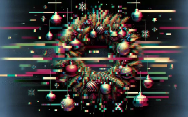 Festive holiday-themed HD desktop wallpaper featuring glitch art style Christmas decorations and lights as a background.