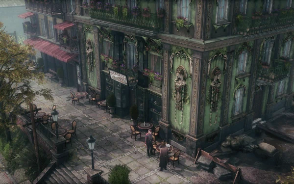 Mystical 'The Thaumaturge' HD wallpaper featuring an atmospheric urban scene with old-world architecture, street cafés, and lush greenery for a captivating desktop background.
