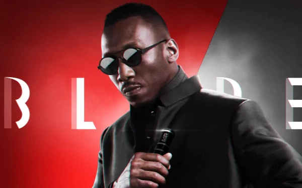 HD wallpaper featuring a promotional image for Blade 2023 with the lead actor in sunglasses and holding a blade, set against a red and gray backdrop.