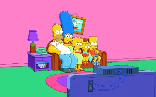 HD wallpaper featuring The Simpsons family sitting on the couch in their living room, perfect for desktop background.