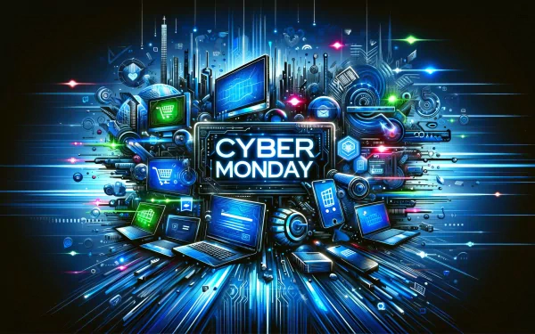 Cyber Monday themed HD desktop wallpaper featuring vibrant digital graphics with electronic devices and glowing lights.