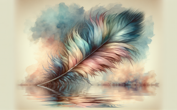 HD desktop wallpaper featuring a vibrant, colorful feather with a mirrored water reflection, perfect for a calm and artistic background.
