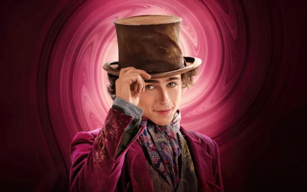 HD desktop wallpaper featuring a whimsical character in a velvet suit and top hat against a swirling pink background, evoking a magical atmosphere.