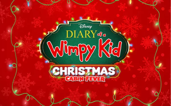 Diary of a Wimpy Kid Christmas: Cabin Fever themed HD desktop wallpaper with festive red background and holiday lights.