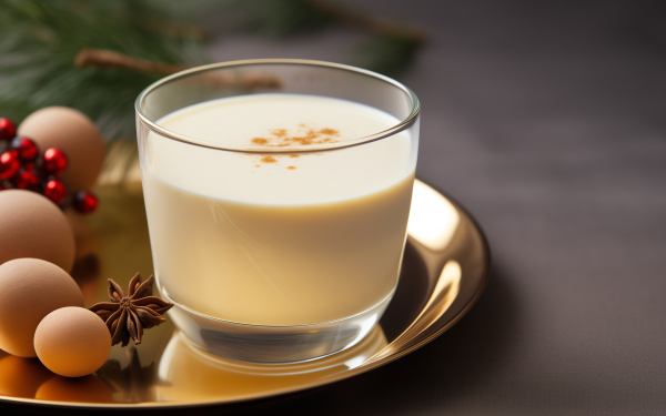 HD desktop wallpaper featuring a rich glass of eggnog adorned with spices, surrounded by festive holiday decorations, ideal for Christmas background.