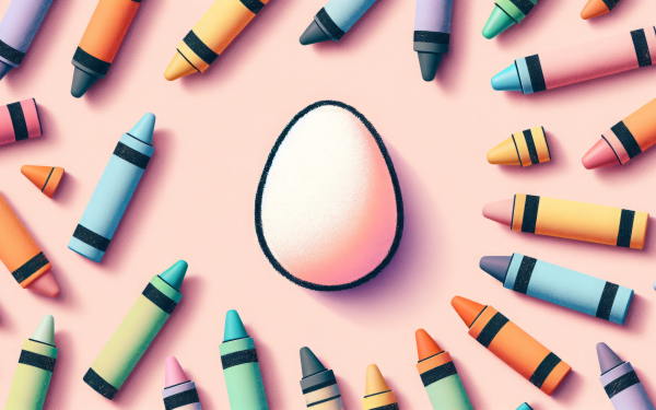 HD wallpaper featuring a single egg surrounded by colorful crayons on a pastel pink background, ideal for creative desktop backgrounds and Easter-themed decorations.