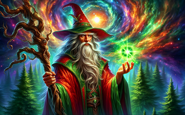 HD desktop wallpaper featuring an artistic rendition of Gandalf with a cosmic background and gleaming magical lights.