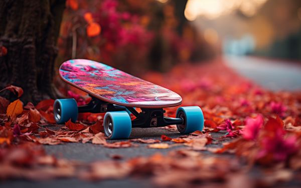 Colorful skateboard with vibrant wheels on an autumn leaf-covered sidewalk, ideal for a HD desktop wallpaper featuring skateboarding.
