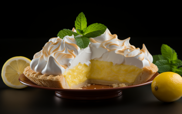 HD wallpaper of a delectable lemon pie topped with meringue, accompanied by fresh lemons and mint on a dark background.