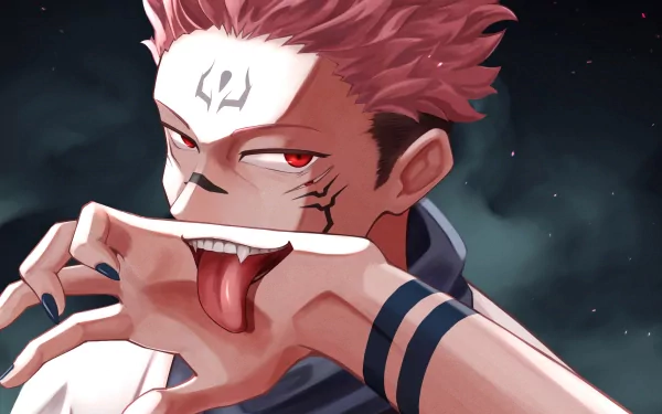 HD desktop wallpaper featuring Sukuna from Jujutsu Kaisen with a menacing expression on a dark background.