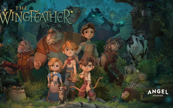 HD desktop wallpaper from The Wingfeather Saga, featuring key characters adventuring in a lush, mystical forest.