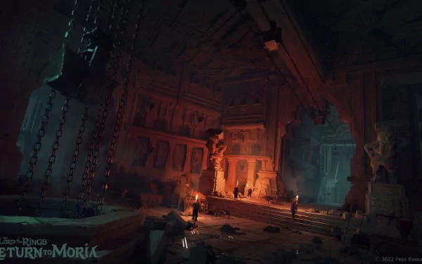 HD desktop wallpaper from The Lord of the Rings: Return to Moria depicting adventurers exploring the dimly lit, ancient halls of Moria.