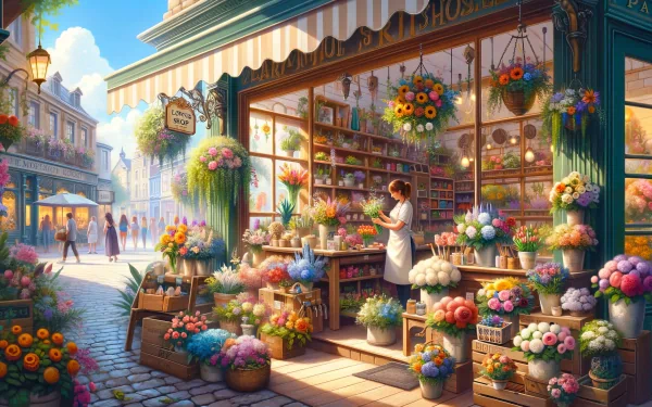 A charming flower shop adorned with vibrant blooms and hanging plants, featuring a florist at work, set in a picturesque street. An inviting HD desktop wallpaper.