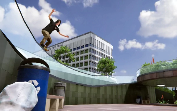 HD wallpaper of a Skater XL game character performing a trick on a skateboard in an urban environment with buildings in the background.