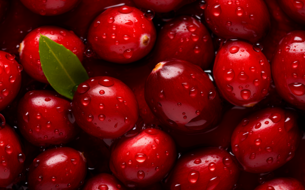 HD wallpaper of fresh cranberries with water droplets and a green leaf, perfect for a vibrant desktop background.