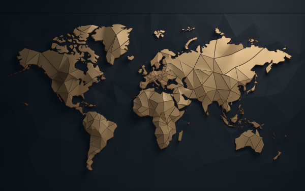 HD desktop wallpaper featuring a stylized world map in gold on a dark geometric background, perfect for a sophisticated and modern screen background.
