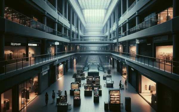 A spacious shopping mall interior with multiple levels, featuring retail stores and illuminated displays, captured in a high-definition desktop wallpaper style.