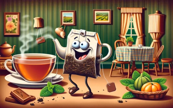 HD wallpaper featuring an animated Earl Grey tea bag character pouring tea into a cup, surrounded by fresh mint, chocolate, and fruit in a cozy kitchen setting.