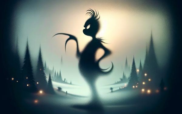 Silhouette of the Grinch character in a whimsical forest setting, ideal for HD desktop wallpaper and background.