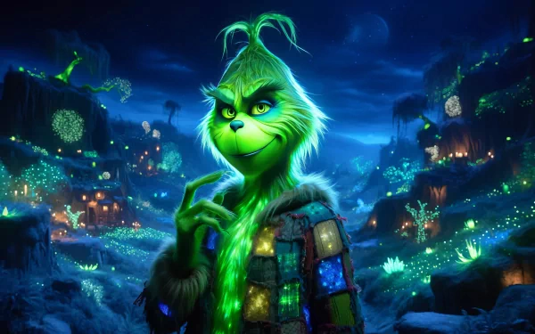 A vibrant HD wallpaper featuring the Grinch, set against a whimsical night backdrop filled with glowing lights and charming details from Whoville.