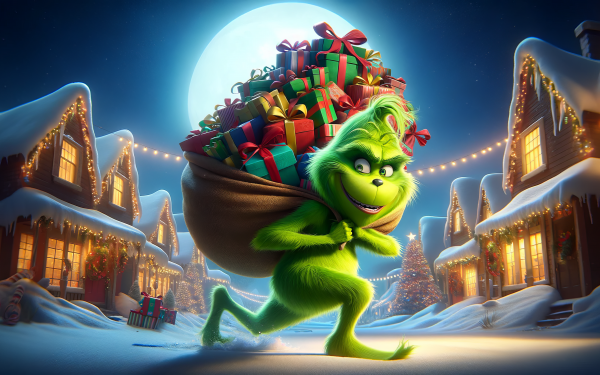 HD desktop wallpaper featuring The Grinch smiling with a sack full of presents against a festive, snowy village backdrop and a full moon.