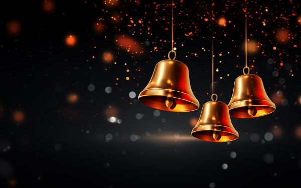 Holiday Christmas bells wallpaper with sparkling lights on dark background, HD desktop and background.
