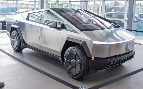 HD wallpaper of a Tesla Cybertruck displayed in a showroom, showcasing its futuristic design for desktop backgrounds.