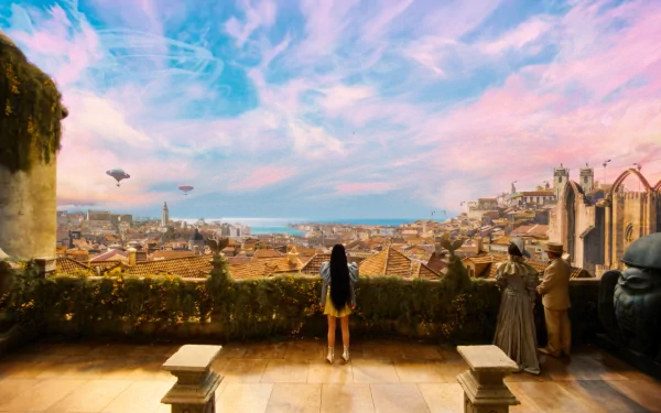 A stunning HD desktop wallpaper from the movie *Poor Things*, showcasing a figure gazing over a vibrant cityscape under a beautiful sky with floating airships.