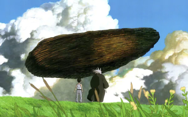 HD wallpaper featuring a scene from Studio Ghibli's 'The Boy and the Heron' with a boy and a creature standing under a massive tree, set against a backdrop of blue sky and fluffy clouds.