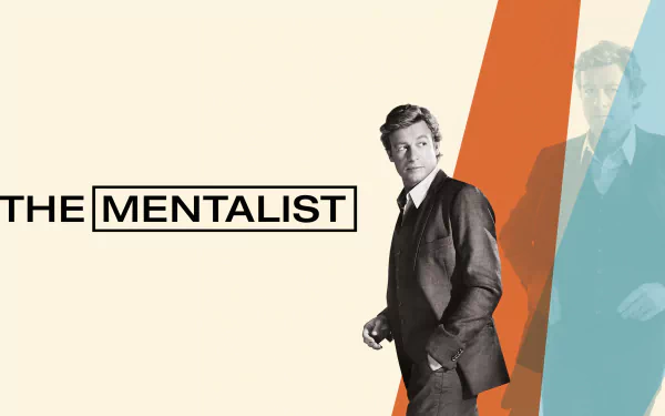 4K Ultra HD PC desktop wallpaper/background for the TV show The Mentalist: a suited male lead posed against cream, orange and teal geometric panels.