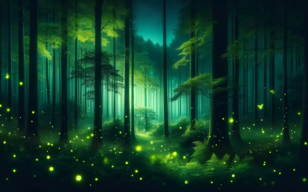 HD desktop wallpaper of a mystical forest illuminated by the soft glow of fireflies at night.