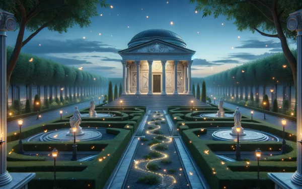 HD desktop wallpaper featuring an enchanting garden with a classical pavilion and fireflies illuminating the twilight scene.