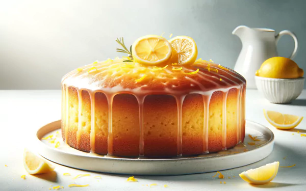 A beautifully styled lemon drizzle cake topped with lemon slices and zest, set against a soft background. This HD image makes a vibrant desktop wallpaper.