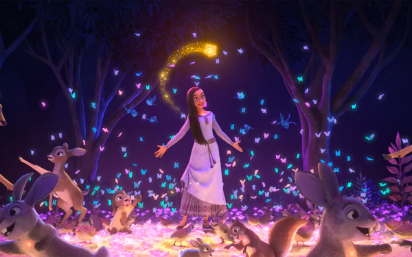 A vibrant HD wallpaper from the movie Wish (2023), featuring a young woman surrounded by whimsical animals and magical butterflies in a colorful enchanted forest.