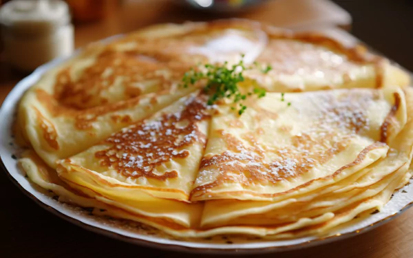 Deliciously stacked crêpes arranged on a plate, adorned with a hint of greenery. A vibrant HD wallpaper to enhance your desktop background with a touch of culinary charm.