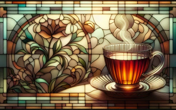 HD wallpaper of a steaming cup of Earl Grey tea in front of a stained glass floral background.