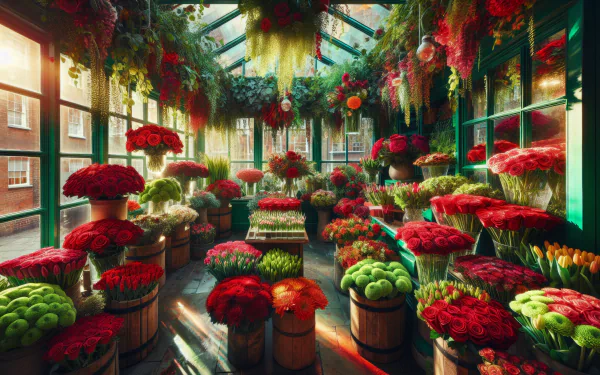 HD wallpaper featuring a vibrant flower shop interior with an array of colorful flowers and hanging plants.