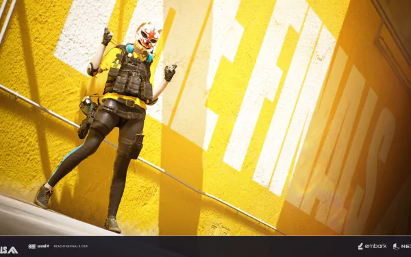 HD desktop wallpaper featuring a dynamic character from THE FINALS against a vibrant yellow background.