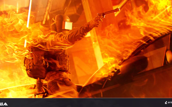 HD desktop wallpaper featuring a dynamic action scene from the video game 'The Finals' with intense fiery explosion effects in the background.