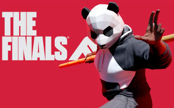 HD wallpaper of 'The Finals' video game featuring a character in a panda mask with a baton on a red background.