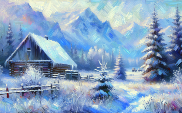 HD desktop wallpaper featuring a frosty winter landscape with a snow-covered cabin, evergreen trees, and a mountain backdrop painted in vibrant brushstrokes.