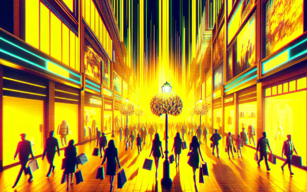 A vibrant HD desktop wallpaper depicting a bustling street filled with shoppers on Black Friday, illuminated by bright yellow lights and dynamic visuals.