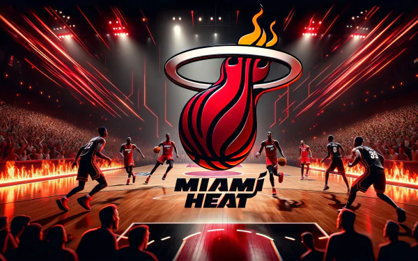 HD desktop wallpaper featuring an action-packed Miami Heat basketball game scene with team logo and vibrant court lighting.