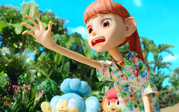 HD desktop wallpaper featuring a scene from Pokemon Concierge with an animated character reaching out and Pokemon in a tropical setting.