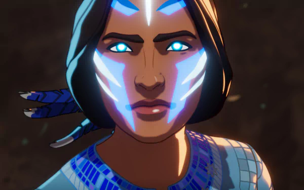 HD desktop wallpaper featuring an animated character from What If...? with glowing blue markings on her face.